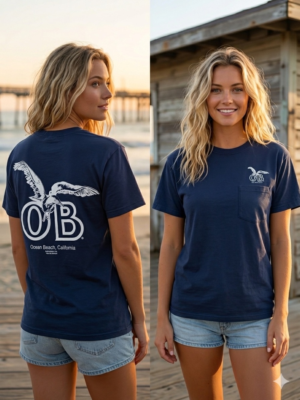 OB Ocean Beach Navy Pocket Tee with Seagull Graphic Vintage 2000’s Y2K